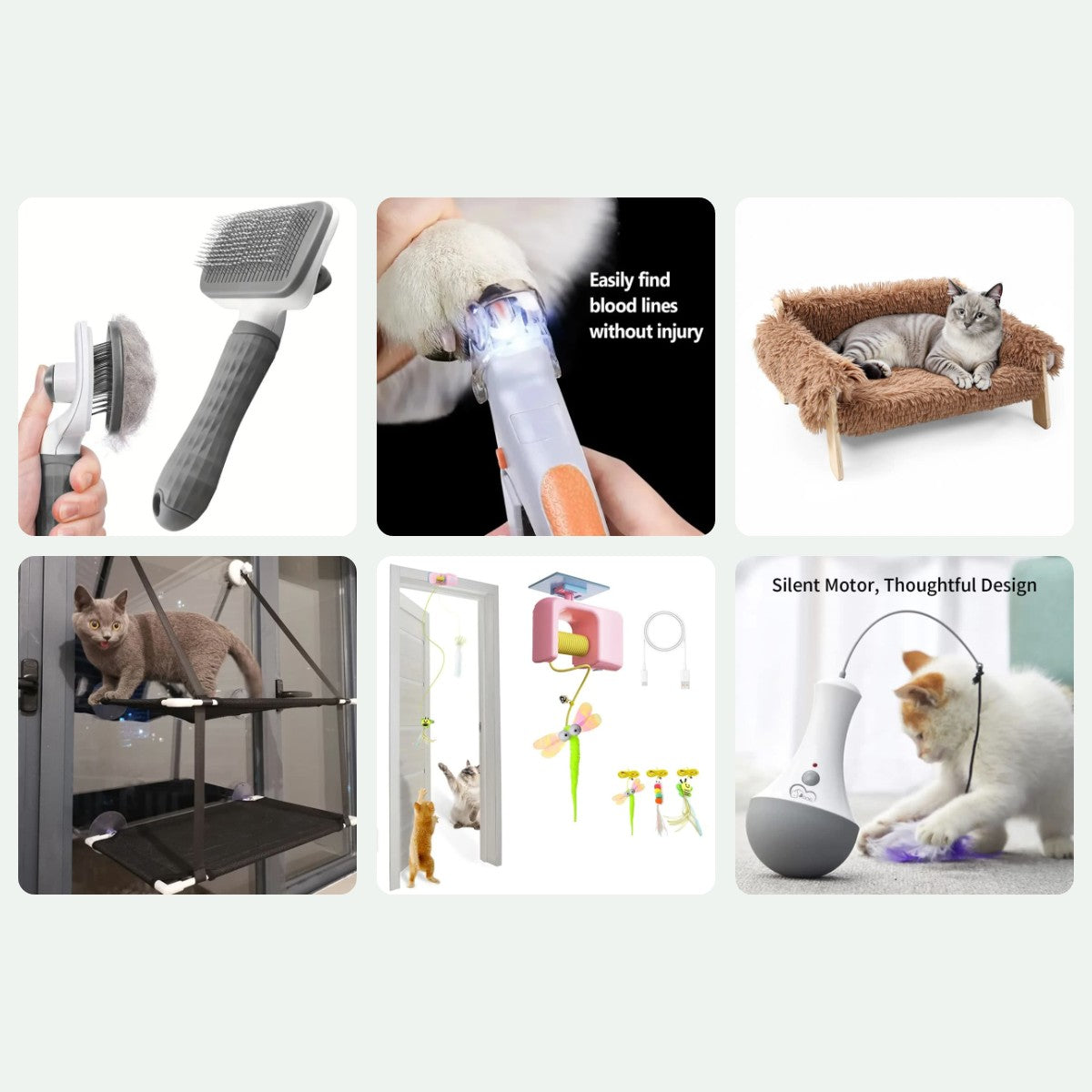 Whole-Cat Bundle: slicker brush, LED nail clipper, sofa bed, window hammock, door teaser and automatic feather teaser