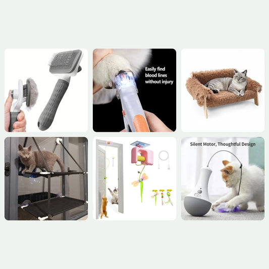 Whole-Cat Bundle: slicker brush, LED nail clipper, sofa bed, window hammock, door teaser and automatic feather teaser
